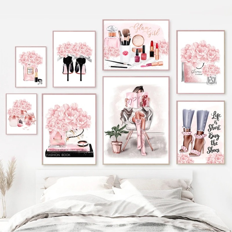 Home Decor Japandi - Pink Flower Paris Perfume Fashion Lipstick