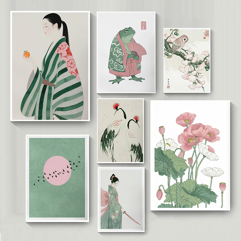 Home Decor Japandi Style - Vintage Japandi Crane Samurai Woman Posters