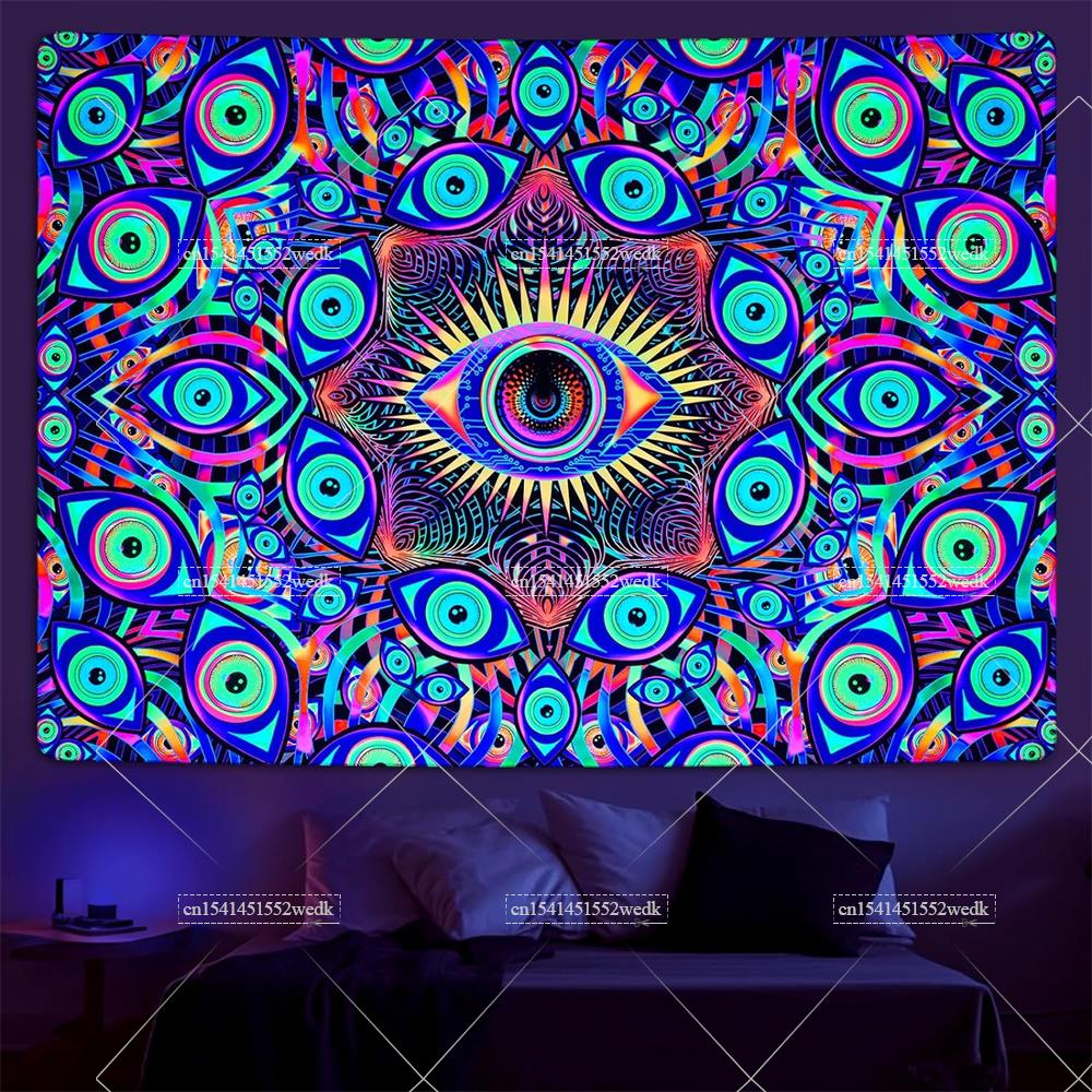Aesthetic Tapestry - Blacklight Eyes Tapestry Boho Mandala Black
