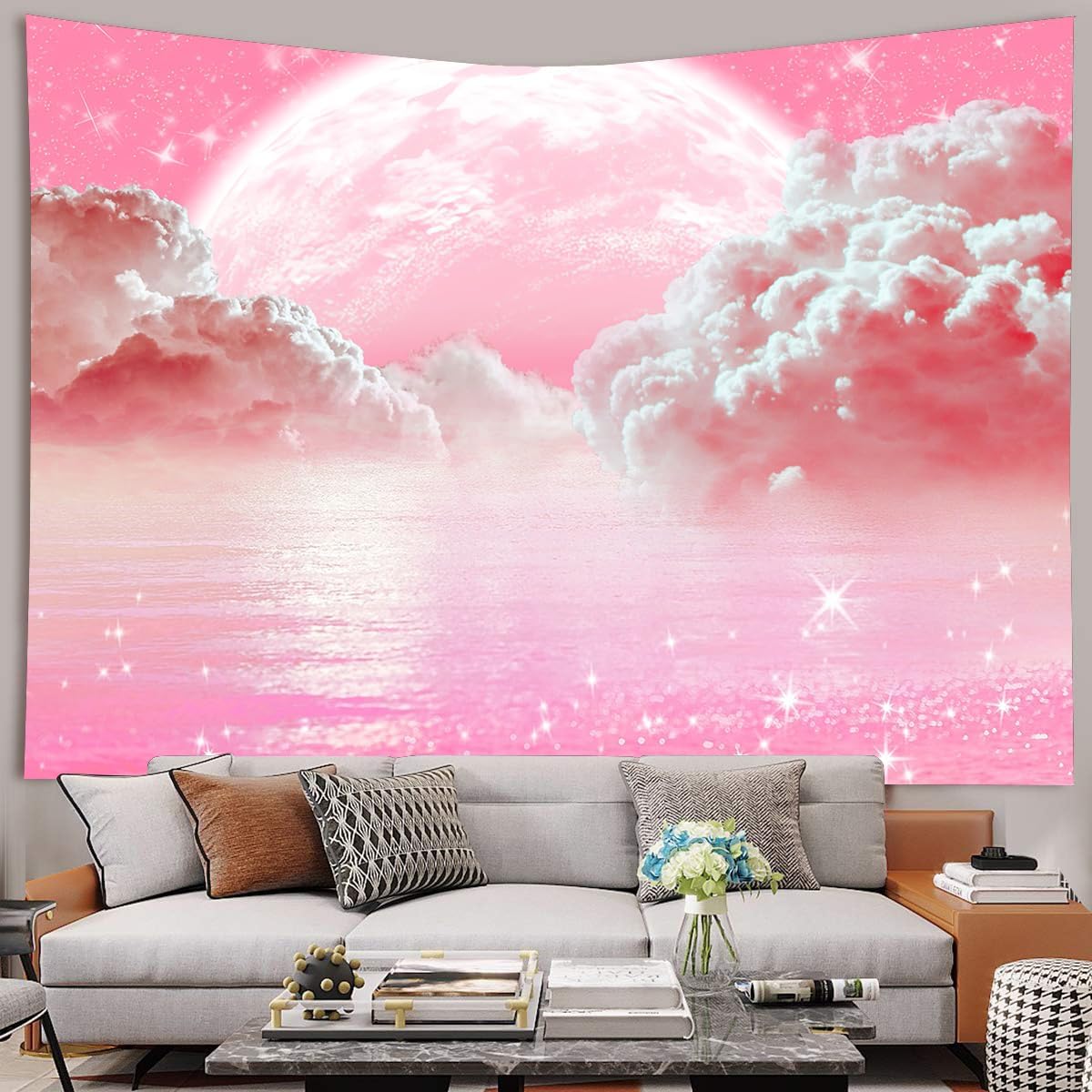 Pink Clouds Sky Tapestry Ocean - Aesthetic Tapestry ulasan dan harga