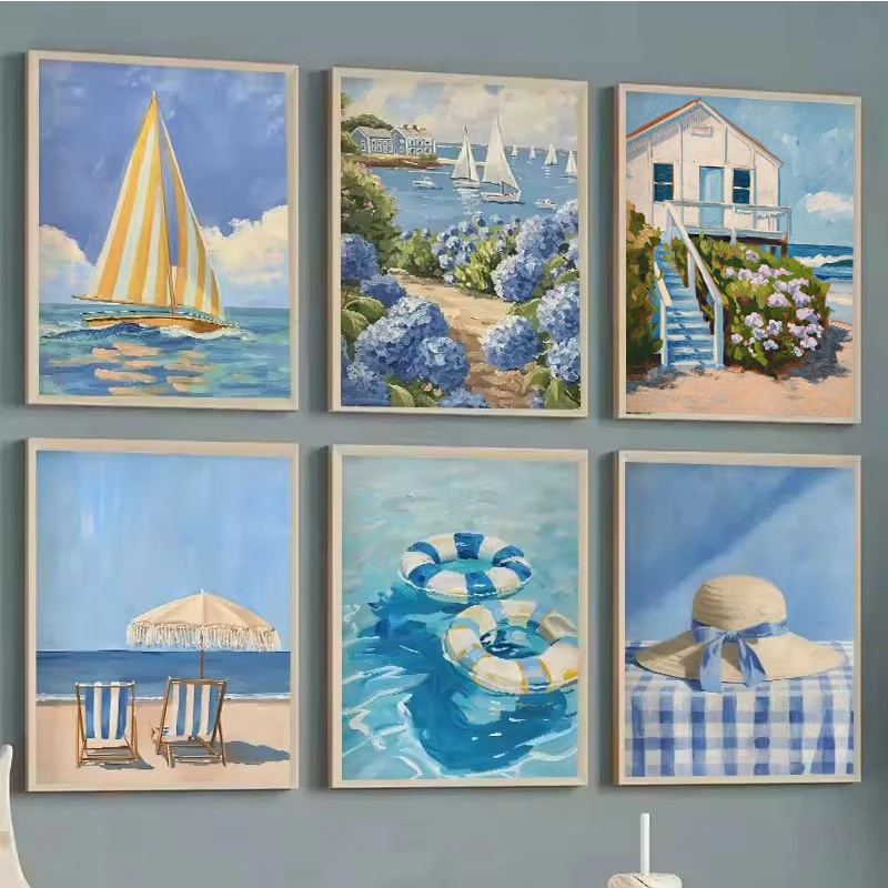 Blue Coastal Beach Sailboat Hy - Home Decor Interior ulasan dan harga