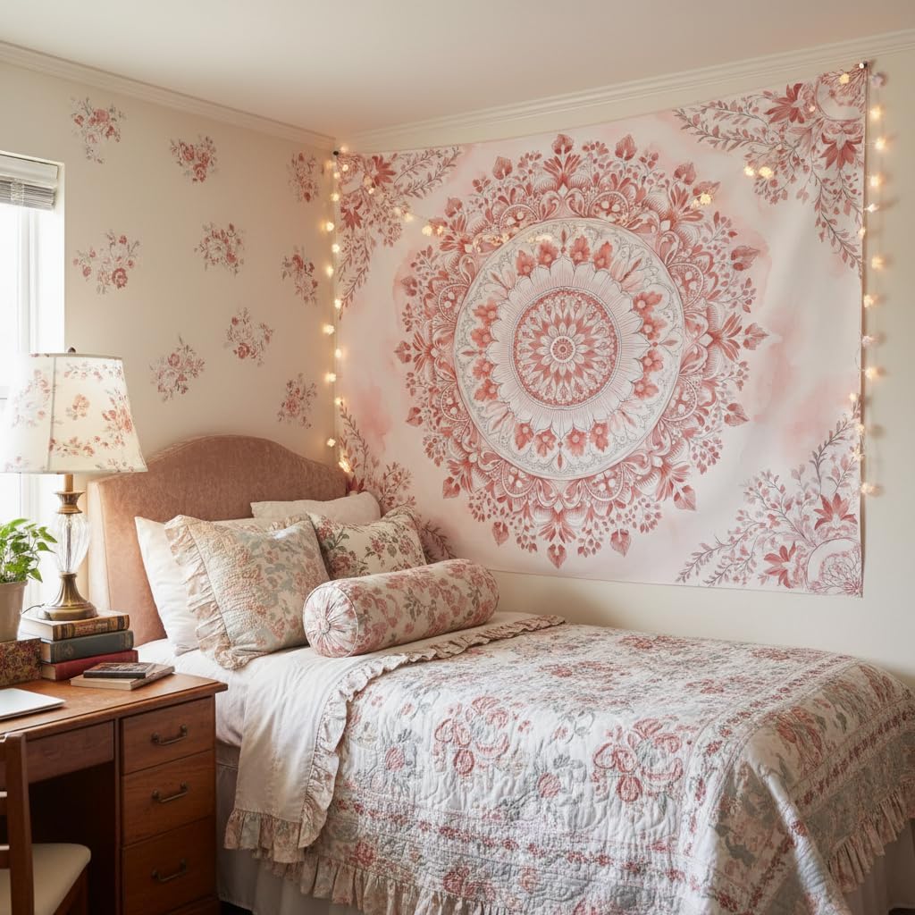 Pink Floral Mandala Tapestry – - Aesthetic Tapestry ulasan dan harga
