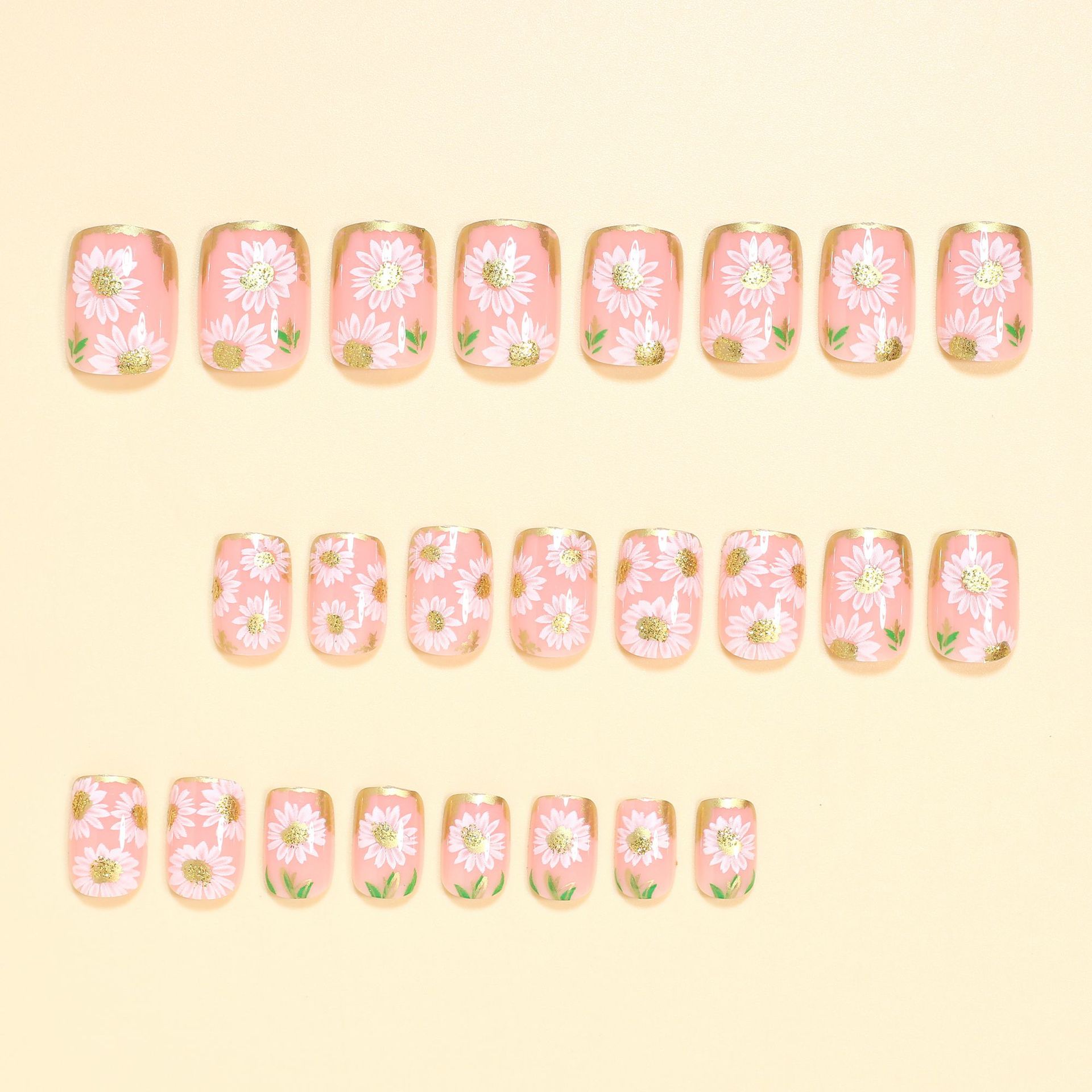 Short Square Fake Nails Golden - Pressed Flower Frame ulasan dan harga