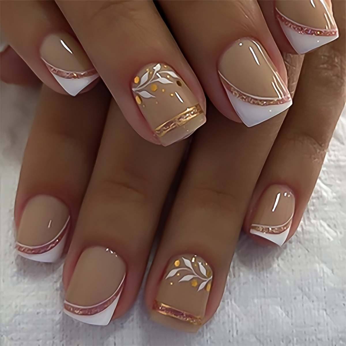 Short Square Fake Nails Golden - Pressed Flower Frame ulasan dan harga